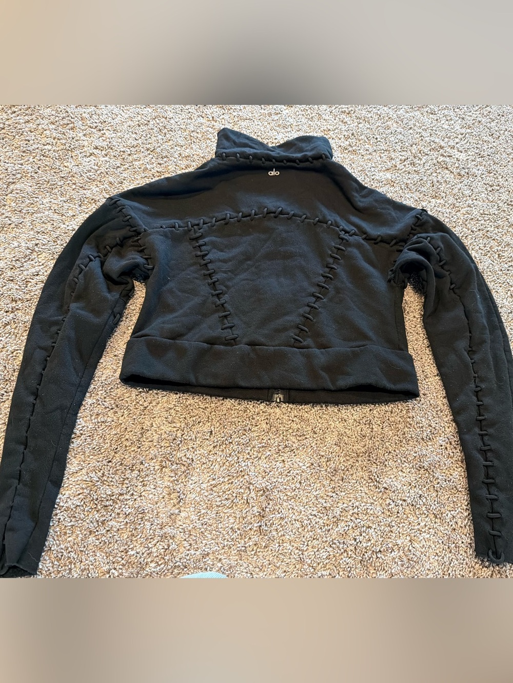 ALO Yoga Big Stitch Black Stitched Detail Zip-Up Cropped Jacket Discontinued